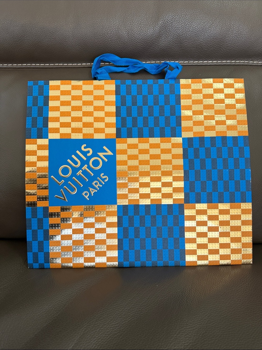 Louis Vuitton Blue and Gold Checkerboard Gift Bag with Logo Panel